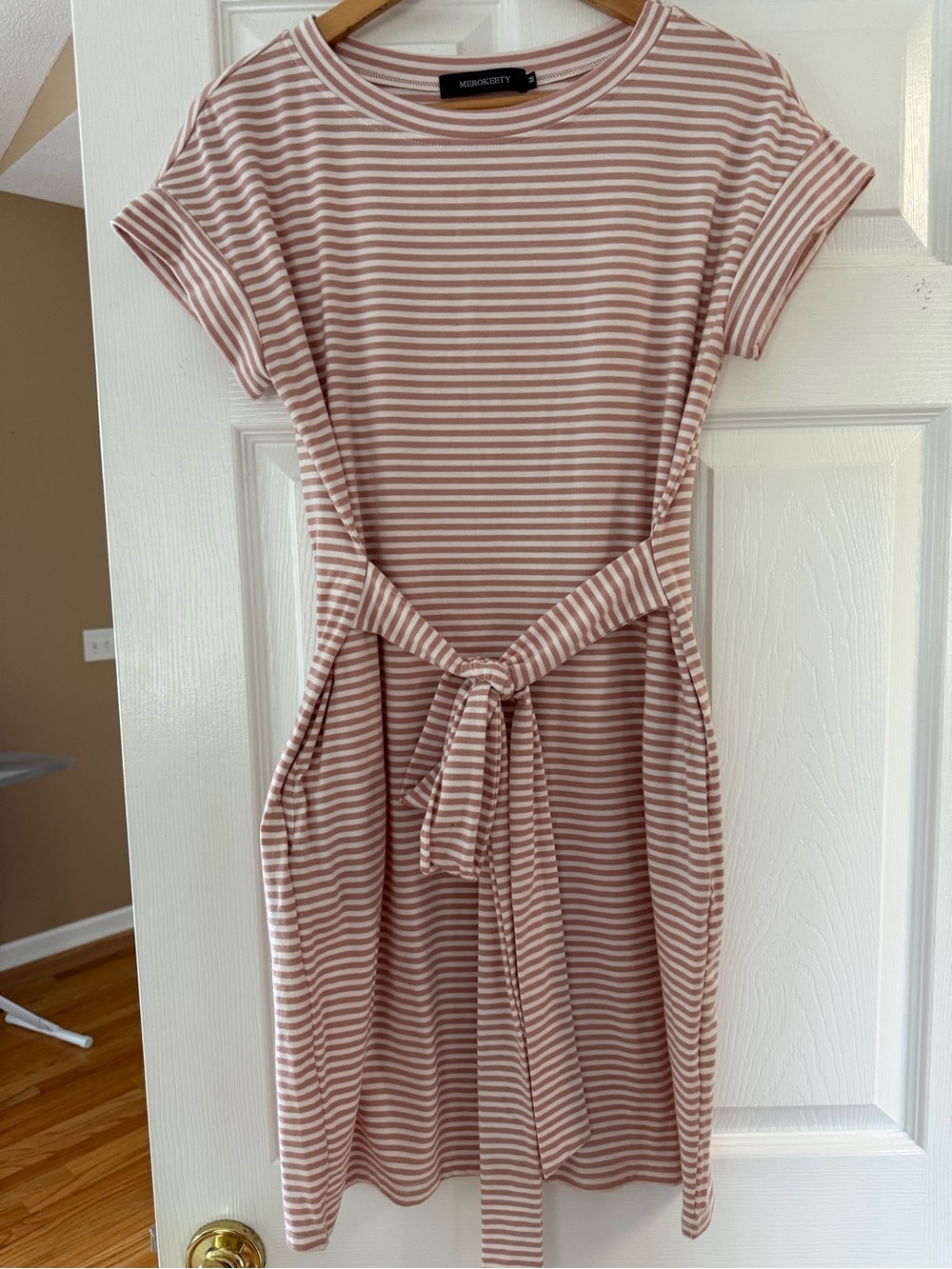 MEROKEETY Pink & White Striped Tie-Waist T-Shirt Dress Size M